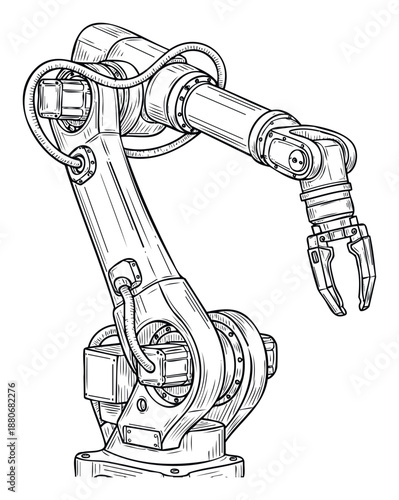 Detailed line drawing of a sophisticated industrial robotic arm, ideal for illustrating advanced automation technology and future manufacturing processes and engineering concepts.