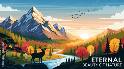 Majestic Deer Standing by a Winding River in a Vibrant Autumn Forest.