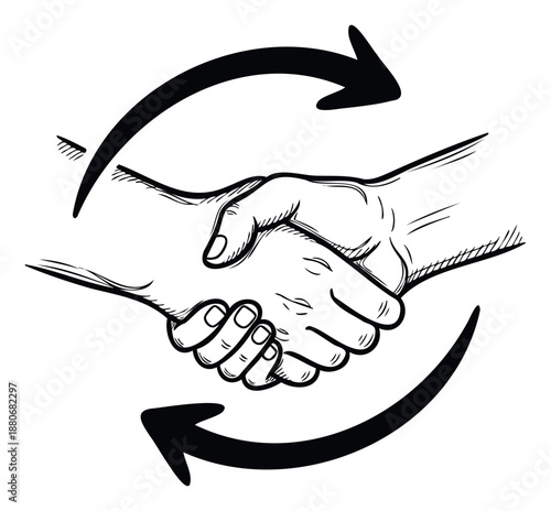Two hands shaking surrounded by circular arrows symbolizing partnership, agreement, deal, cooperation, and reciprocal exchange, perfect for business and marketing concepts.