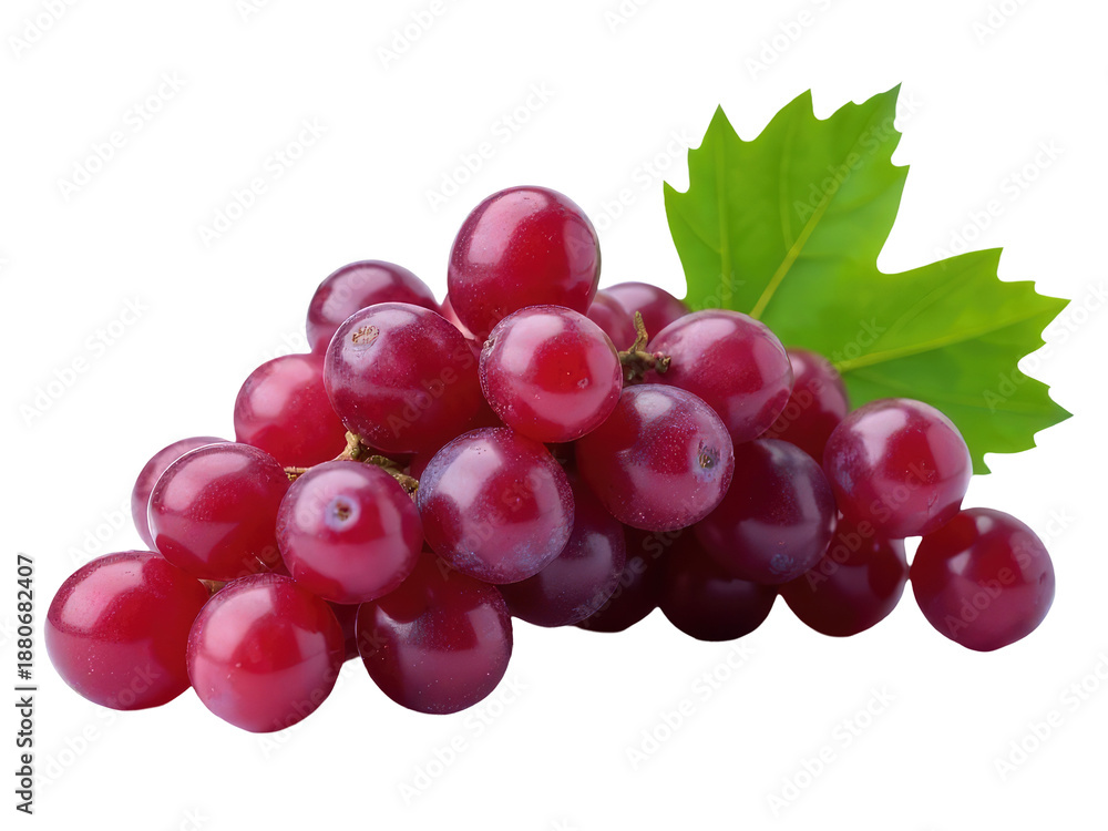 Fototapeta premium A bunch of fresh red grapes surrounded by lush green leaves