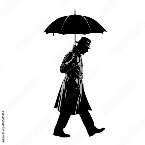 Silhouette of a man walking with an umbrella in the rain.