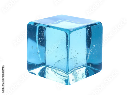 A clear blue glass block filled with calm water