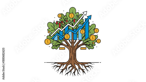 investment growth tree illustration depicting rising stock market charts and dollar coins symbolizing sustainable financial success and wealth building.