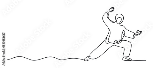 A continuous single line drawing of a person performing graceful Tai Chi movements, perfect for fitness, wellness, or martial arts related publications and branding.