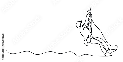 Dynamic single line drawing depicting an adventurous person engaged in rappelling down a challenging surface, perfect for outdoor sports promotions and inspiring active lifestyle campaigns.