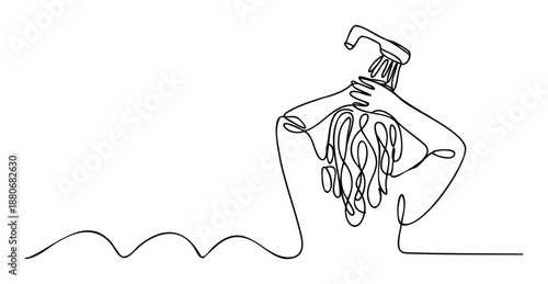 Minimalist continuous line art of a person washing long hair under a shower, hands visible, perfect for wellness campaigns, bathroom product advertising, or spa service presentations.