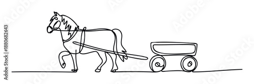 Single line drawing of a majestic horse pulling a classic cart, perfect for minimalist designs, childrens books, or educational materials illustrating traditional transport methods