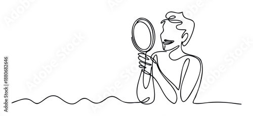 A happy person holding a mirror and smiling at their reflection in a single continuous line drawing suitable for selfcare and beauty concepts