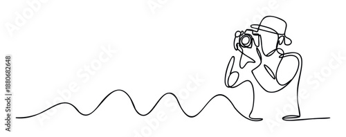 Continuous line drawing of a photographer with a hat holding a camera, suitable for graphic projects, marketing materials, and photographyrelated promotions