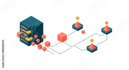 data fragmentation and distributed computing concept an isometric server breaking into smaller data components connecting to decentralized nodes.