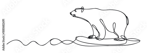 Minimalist single line artwork depicting a powerful polar bear on a floating ice platform, ideal for modern nature themed presentations, educational materials, or clean web graphics