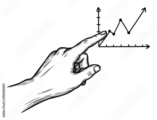 Sketch of a hand analyzing a dynamic line graph depicting business growth, market analysis, and economic trends for corporate reports and financial presentations