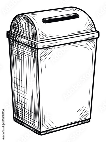 Hand drawn sketch of a waste bin featuring a slot opening on its curved lid, ideal for illustrating concepts of trash disposal, recycling, or facility organization.