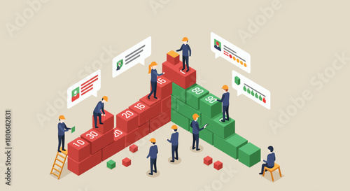 business progress team builds a data-driven success ladder strategically achieving goals measuring performance and optimizing corporate growth.