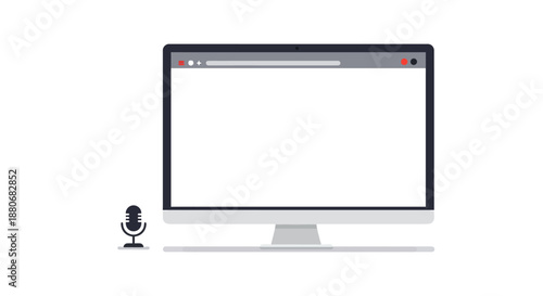 computer monitor with a blank browser and a microphone representing online communication voice search and digital content creation