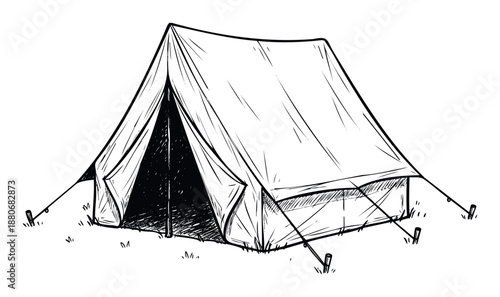 Classic camping tent black and white hand drawn sketch perfect for outdoor adventure themed promotions and wilderness exploration graphics