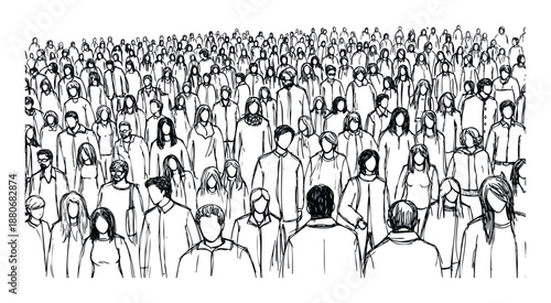 Hand drawn crowd of diverse people standing together in a large group, depicting society and community for projects on human population dynamics and social gatherings