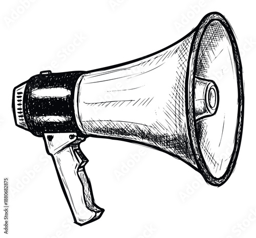 Hand drawn megaphone sketch for public announcements, marketing campaigns, and impactful social media statements, representing powerful voice and effective communication tools.
