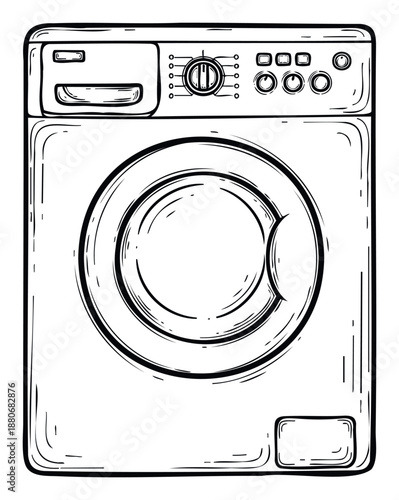 A simple black and white line drawing of a frontloading washing machine with a clear control panel and door, perfect for home appliance guides, laundry room themes, or household chore