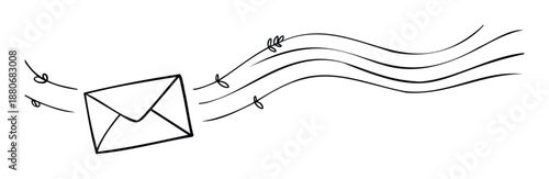 Modern line drawing of a flying mail envelope with motion trails symbolizing fast delivery and online messaging for communication services applications and network interfaces