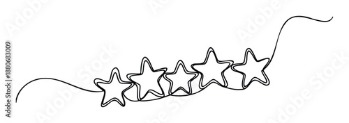 Continuous line drawing of five stars symbolizing toptier quality, excellent service, and outstanding achievements, ideal for enhancing marketing materials or customer feedback interfaces.