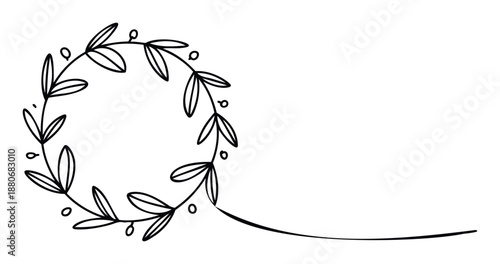 Simple hand drawn leaf wreath frame with small berries and a delicate flowing line provides an elegant botanical border for wedding stationery, labels, or decorative text.