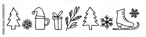Hand drawn black outline Christmas and winter season symbols featuring trees, snowflakes, a festive mug, gift box, and ice skate for holiday greeting cards and seasonal decorations