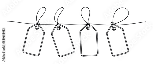 Blank price tags or empty labels hanging from a string in a simple continuous line drawing style, perfect for illustrating sales, discounts, shopping concepts, or retail promotions.