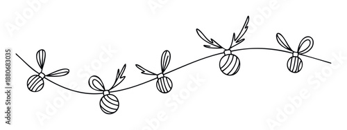 Hand drawn Christmas garland featuring festive ornaments with bows and antlerlike leaves, perfect for holiday greetings, winter invitations, and seasonal decoration projects.