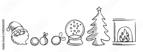 A charming collection of handdrawn Christmas and winter holiday elements including Santa Claus, ornaments, a snow globe, a festive tree, and a cozy fireplace, ideal for seasonal greetings