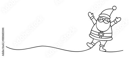 Black outline drawing of Santa Claus walking on a wavy line, perfect for holiday greetings, Christmas event invitations, or festive promotional materials to celebrate winter.