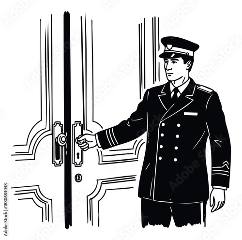 Professional man in a distinguished uniform extending an arm to open an ornate door, symbolizing excellent hospitality and secure service for business and corporate themes.