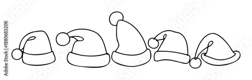 Collection of festive handdrawn Santa hats in a charming line style perfect for holiday season greetings, gift tags, invitations, and winter event decorations