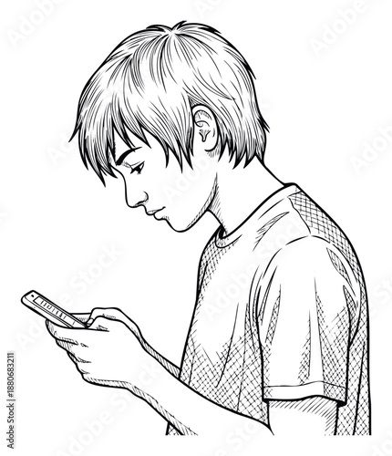 Young Asian male deeply focused on his smartphone screen, actively interacting with digital content, perfect for educational materials or contemporary lifestyle portrayals.