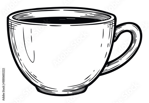 Classic black and white hand drawn cup of hot coffee or tea, perfect for beverage menus, cafe branding, drink related articles, or kitchen decor projects.