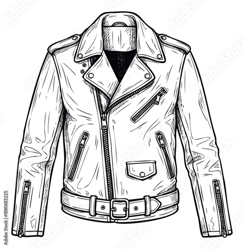 Classic biker leather jacket featuring intricate zipper and buckle details, perfect for apparel design projects and vintage clothing inspiration