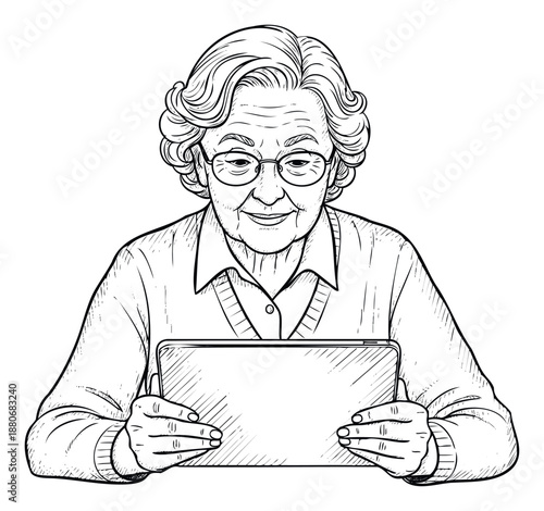 An elderly woman with glasses smiles warmly while holding a tablet device, depicting senior engagement with technology for educational resources or digital communication.