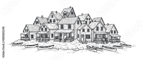 Charming seaside village drawing depicting numerous quaint houses clustered on a rocky shore with small wooden boats, suitable for childrens books, greeting cards, or historical travel