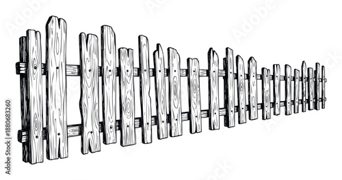 Perspective view of a hand drawn picket fence with wooden planks in a black and white sketch style for rustic landscape boundaries or garden barrier projects