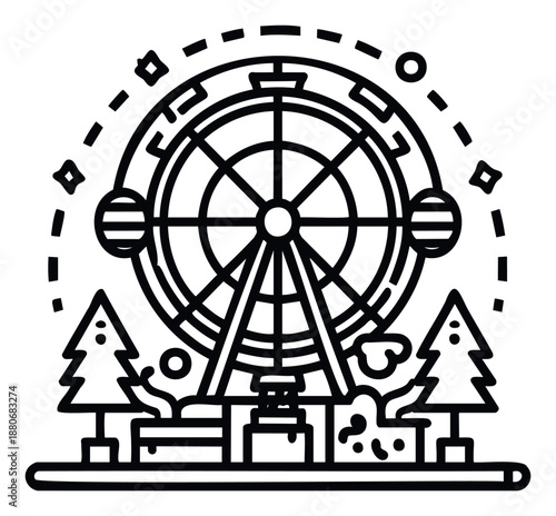 Iconic Ferris wheel attraction with a festive atmosphere in a park setting, perfect for travel promotions, entertainment guides, event graphics, or family vacation planning resources.