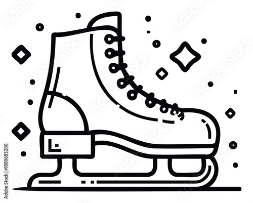 Classic ice skate outline graphic with vibrant sparkling elements, ideal for winter sport event posters, seasonal themed apparel decoration, or application interface icons.
