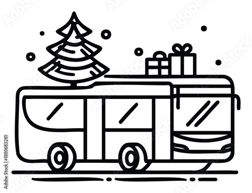 A festive public transport bus carrying a decorated fir tree and wrapped presents on its roof for holiday season greetings and joyful winter celebration events.