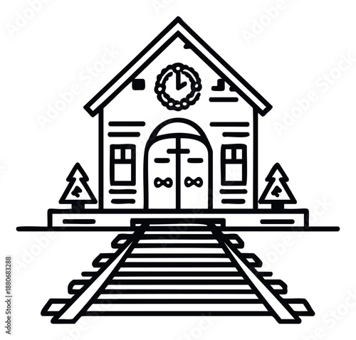 Quaint holiday train station building with a clock wreath and evergreen trees situated on railroad tracks, perfect for seasonal events and winter promotions.
