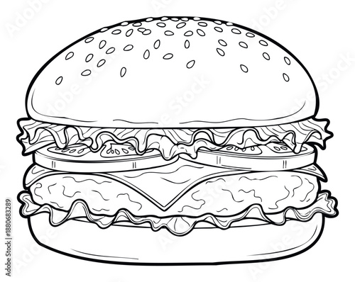 A detailed outline drawing of a delicious gourmet hamburger with all its layered ingredients, perfect for coloring books, restaurant menus, or foodrelated educational materials.