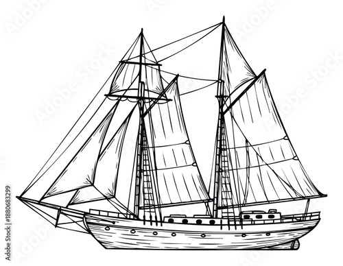 A classic tall ship sailing vessel with multiple masts and billowing sails in a stylized black line art, ideal for nautical adventure themes or maritime heritage projects.