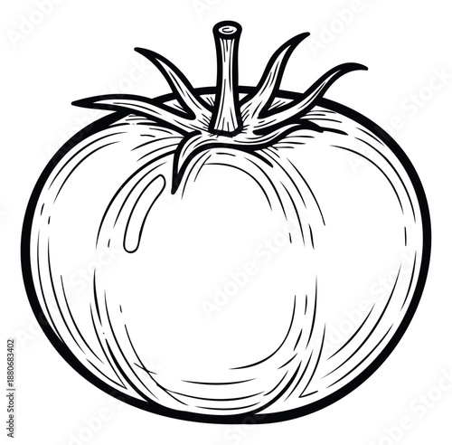 Black and white line drawing of a fresh ripe tomato with its stem and leaves, perfect for cooking recipes, healthy eating blogs, grocery store promotions, and culinary projects