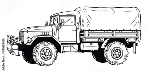 Detailed line art representation of a robust vintage military transport truck featuring a covered cargo bed, suitable for educational content, historical documentaries, and various graphic