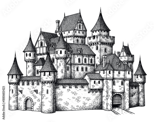 Intricate detailed medieval castle fortress line drawing ideal for historical presentations architectural studies or engaging graphic design projects