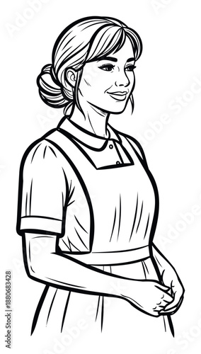 A kind smiling woman wearing a classic uniform featuring a collared dress and an apron with her hair styled in a bun, ideal for service roles or vintage themes in diverse marketing