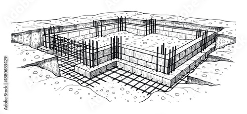 Detailed view of a building foundation under construction showing rebar, concrete footings, and block walls within an excavated site, ideal for demonstrating structural groundwork and civil
